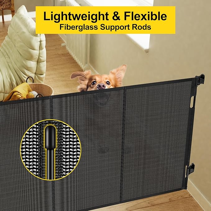 Reinforced 42??Extra Tall Retractable Baby Gates with Rods, Extends up to 60??Wide, Tall Retractable Dog Gate for Doorways Prevent Crawling Through Mesh Pet Gate Indoor Outdoor, Black