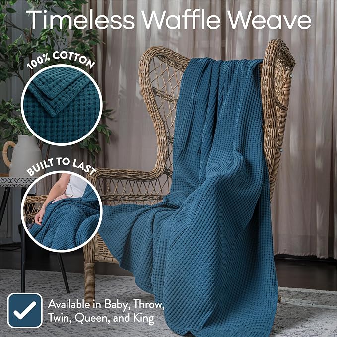 Comfy Cubs 100% Cotton Waffle Weave Throw Blanket Breathable Skin-Friendly Soft Lightweight Blankets - Perfect Warm Textured Blanket Layer - Size for Couch Bed & Sofa (Neptune, 50" X 60")