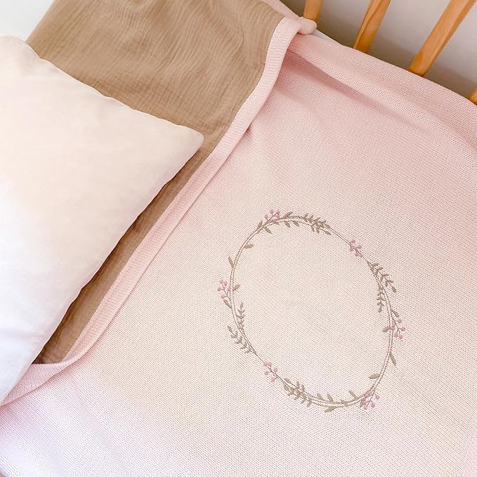 MON AMI 40-Inch Wreath Embroidered Double-Sided Blanket | 100% Cotton Pink Throw with Crinkle Muslin Backing | Soft, Lightweight & Machine Washable | Nursery & Gift Essential