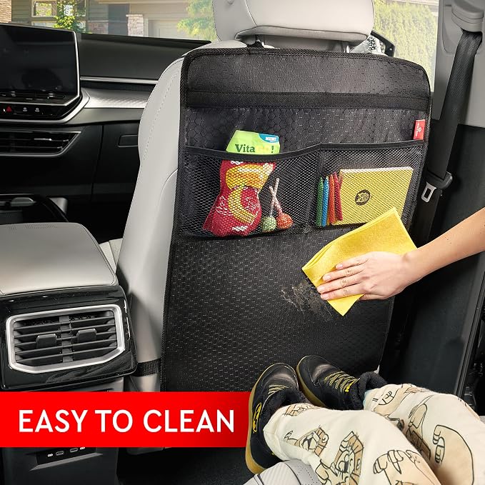 Helteko Back Seat Protector for Car, 2 Pack Premium Kick Mats for Kids, Extra Large Car Seat Cover for Backseat with Mesh Pockets, Waterproof Dirt & Mud Protection, Black