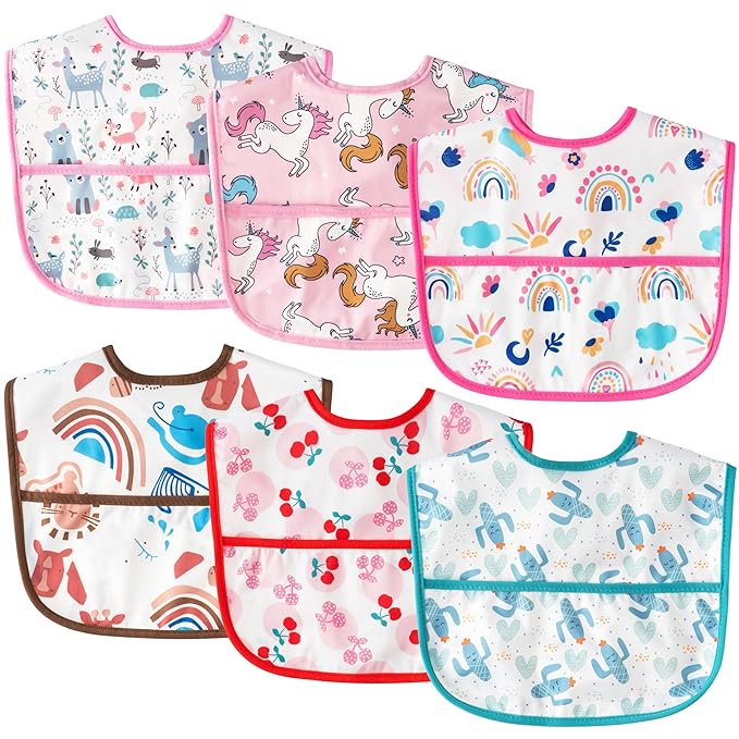 Baby Bibs for Eating - 6Pcs Toddler Waterproof Feeding Bibs with Crumb Catcher Pocket Adjustable Sleeveless Teething Plastic Food Bib Set Infant Keepsake Gift for Baby Shower, 6-24 Months