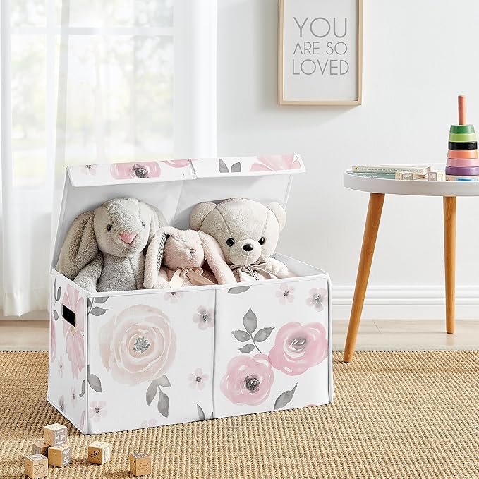 Sweet Jojo Designs Collapsible Small Fabric Toy Bin (Pink/Grey Boho Floral) for Girls, Kids, Childrens Small Storage Box Chest (Watercolor, Flower, Elegant Rose, Shabby Chic, Farmhouse, Nature, Blush)