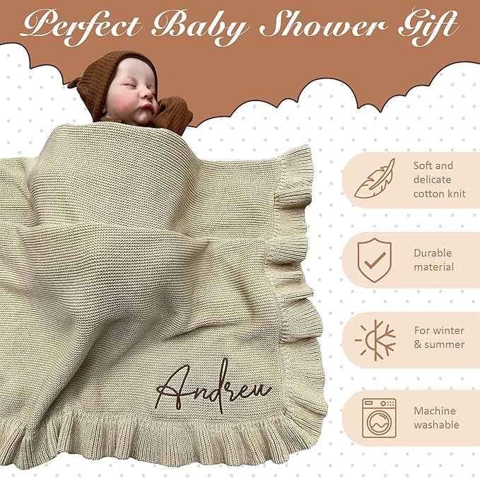 Knit ??30x40in Personalized Baby Blanket for Newborn Girl and Boy ??Custom Blanket with Name Embroidery ??Soft Knitted Baby Blanket ??Custom Baby Gifts for Baby Shower (Camel)