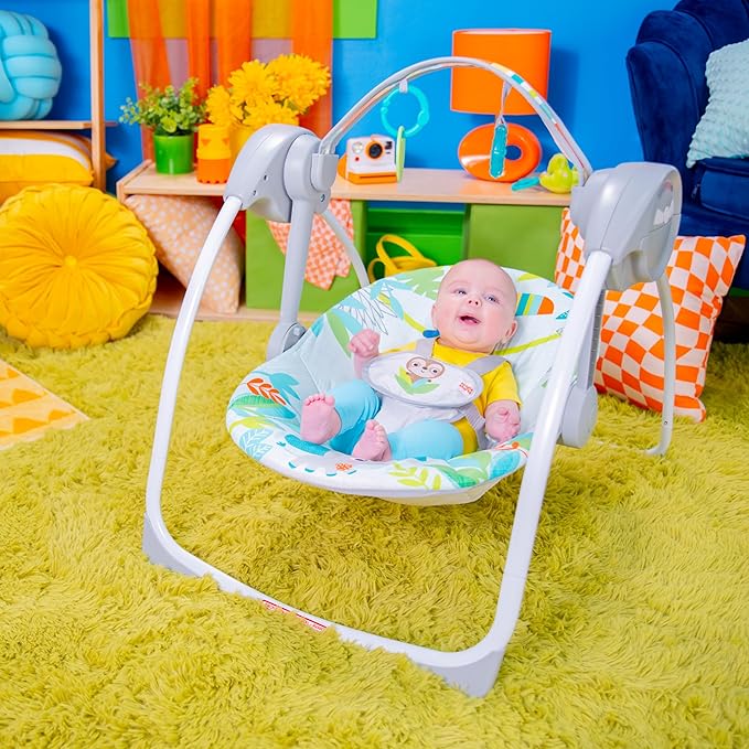 Bright Starts Portable Automatic 6-Speed Baby Swing with Removable -Toy Bar, 0-9 Months 6-20 lbs (Rainforest Vibes)