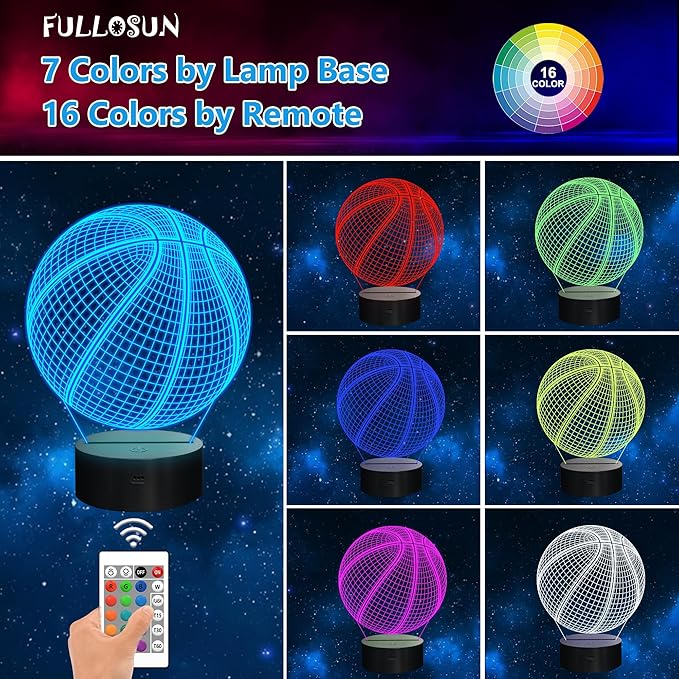 FULLOSUN Basketball 3D Night Light Birthday Gift, Light Up Basketball 3D Illusion Lamp with Remote Control 16 Colors, Mothers Father Gifts Changing Sport Fan Room Decoration Boy Girl