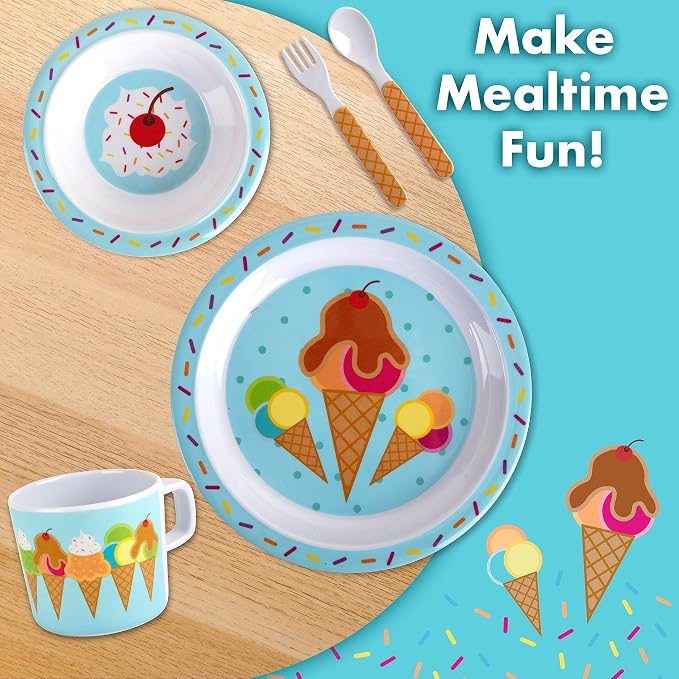 Bentology 5 Pc Mealtime Set for Kids - Ice Cream Theme - Includes Raised Edge Plate & Bowl, Cup, Fork & Spoon- Dishwasher Safe, BPA Free- Cute Durable Dish, Easy Self-Feeding- Gift for Toddlers