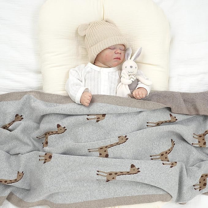 Opewod Soft Cotton Knit Baby Blanket with Cute Deer Print 40x30in Newborn Receiving Blanket Swaddle Cuddle Blanket for Crib, Stroller, or Nursery for Infants & Toddlers Light Grey