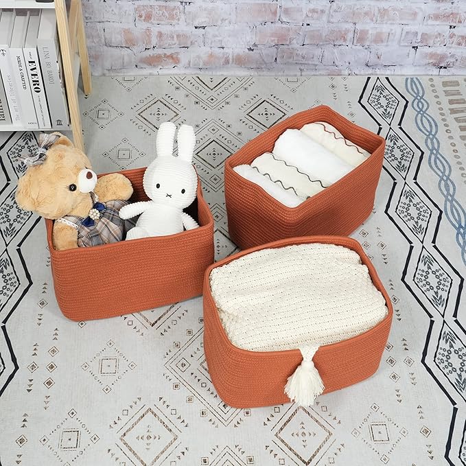 Cotton Rope storage Basket Bins Woven Basket for Organizing Shelves 15X10X9.3" Rectangle Decorative Baskets For storage Clothes Toys Books Towels Nursery basket organizer 3 pack Rust