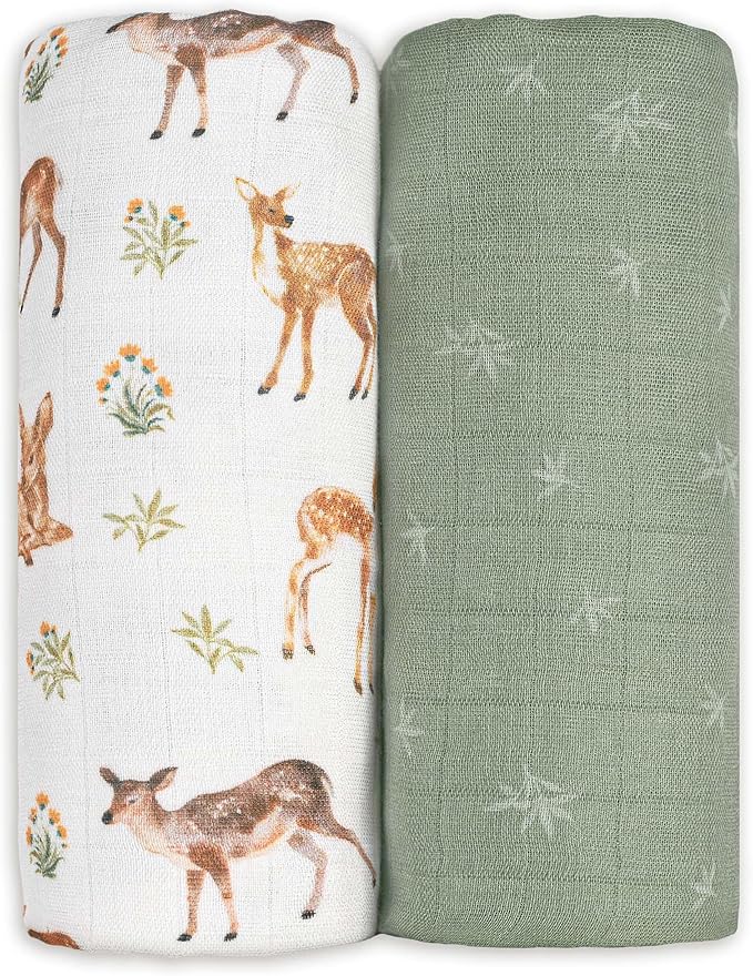 GLLQUEN BABY Muslin Swaddle Blankets Breathable Receiving Blankets (35" x 40") 2-Pack Soft Baby Blankets for Girls and Boys Newborn Essentials Muslin Burp Cloths Swaddle Wrap Baby Gift(Deerling)