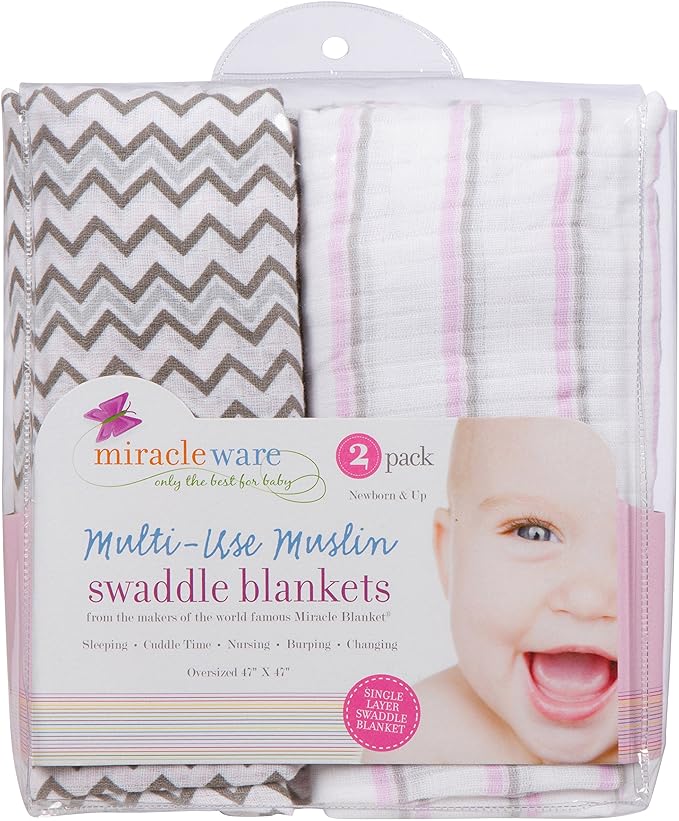 Miracle Blanket Soft Muslin Swaddles Newborn Nursery Sleep Essential - Pack of 2 Warm Wraps (Pink & Grey Stripes & Chevrons)