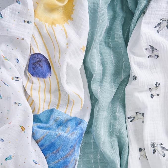 aden + anais 100% Organic Cotton Muslin Swaddles, Breathable Baby Blanket, Ideal for Boys, Girls, Newborns, Babies & Infants, Receiving Blanket, Soft and Lightweight Wrap, 4 Pack, Space Orbit