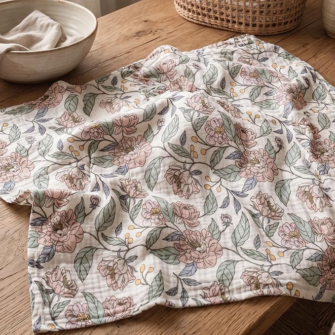 Muslin Receiving Blankets, Neutral Blanket Swaddling for Newborn Boys and Girls, 5 Pack Breathable and Skin-Friendly Swaddle Wrap for Infant Baby (Pink Flower)