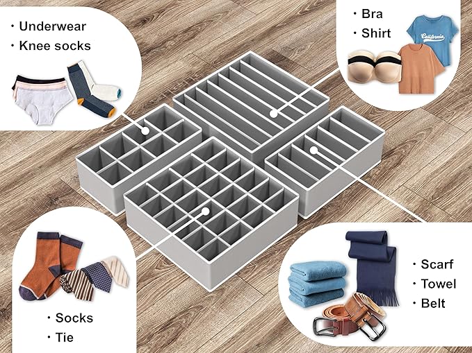 Simple Houseware 4-Pack Drawer Organizer Set - Closet Dividers for Underwear, Socks, Bras, Scarves, Ties - Foldable Non-Woven Storage Boxes, Gray