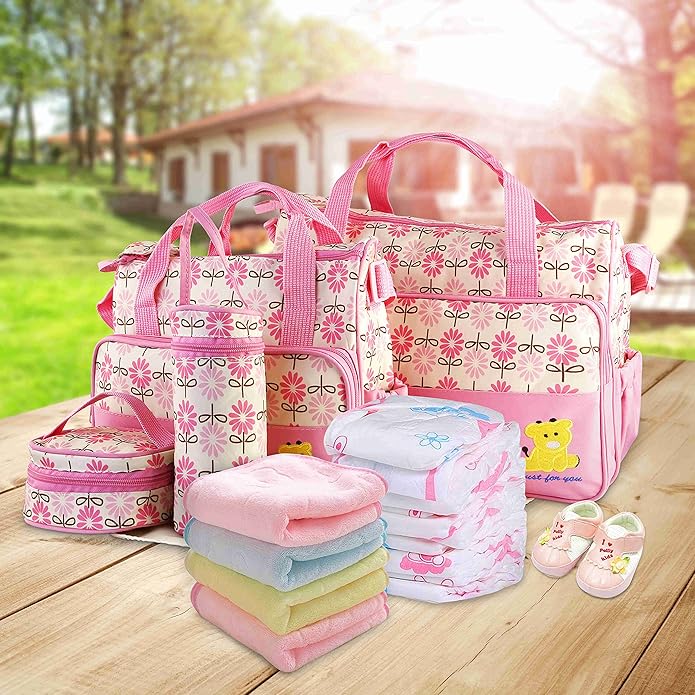 5-Pack Mummy Diaper Shoulder Bag Set w/Changing Pad ??Large Water-Resistant Nappy Bag with Insulated Pockets