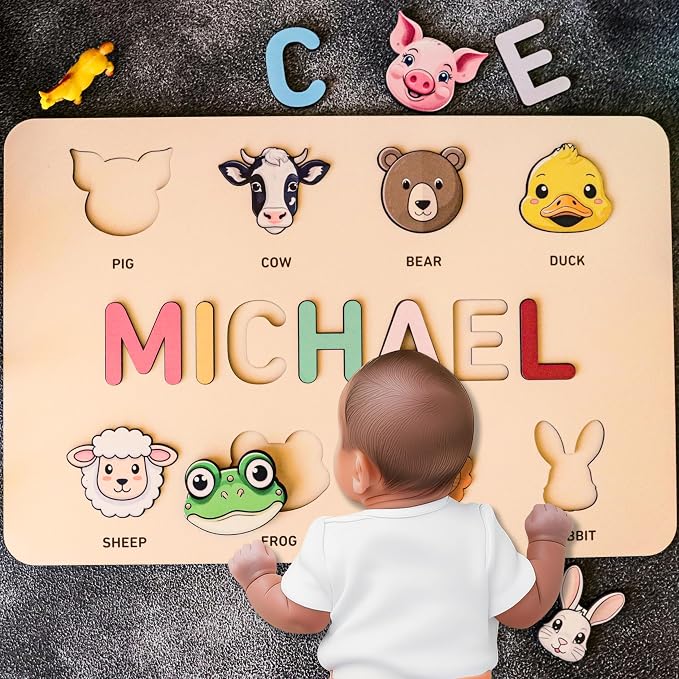 Personalized Wooden Name Puzzle for Kids, Boy and Girl, Gift for 0-1-2-3 Years Old New Baby First Birthday Gift, Christmas, Baby Shower, Newborn, Easter Custom Toddler Learning