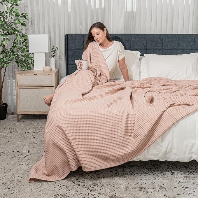 Comfy Cubs Waffle Blanket Queen, 90" x 90" - 100% Cotton Lightweight Breathable Bed Blanket - Soft Textured Thermal Weave for All Seasons – Decorative Cozy Layer for Couch, Sofa, or Bed - Blush