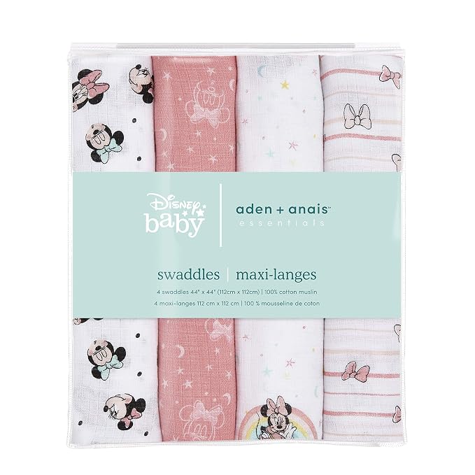 aden + anais Aden Swaddle Blanket, Muslin Blankets for Girls & Boys, Baby Receiving Swaddles, Ideal Newborn Gifts, Unisex Infant Shower Items, Wearable Swaddling Set, 4 Pk, Minnie Mouse Rainbows