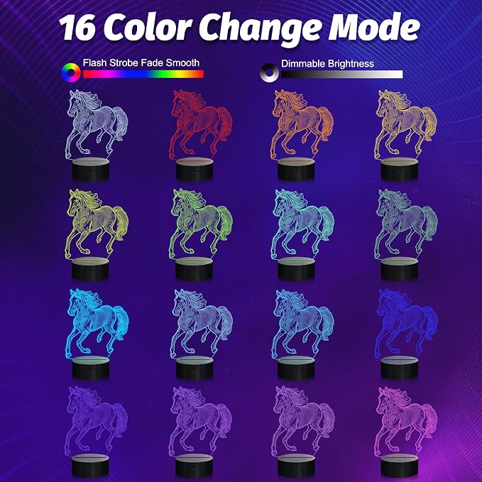 Attivolife Horse 3D Night Light, Horse Gifts for Girls, Illusion LED Lamp with Remote Control + Timer + 16 Color Changing, Kids Boy Animal Room Decor, Birthday Xmas Present for Teen Women Horse Lover