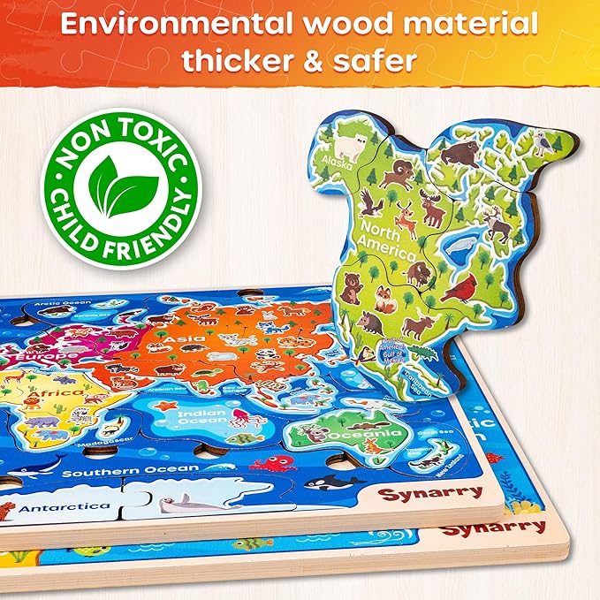 SYNARRY Large USA World Wooden Puzzles for Kids Ages 4-6, Learning United States World Maps Puzles for Kids Ages 6-8, Wood Jigsaw Puzzles Educational Games Toys Gifts for Boys Girls Ages 3-8