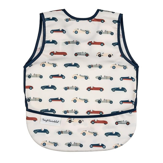 Tiny Twinkle Mess Proof Baby Bib for Girls | Waterproof Toddler Bib for Eating | Baby Apron for Feeding | Machine Washable | Perfect Shower Gift (Vintage Cars, 6??4M)