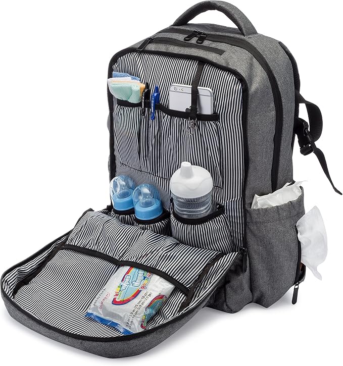 Diaper Bag Backpack - Multi-Function Waterproof Baby Nappy Bag - Stroller Straps - Large Capacity - Insulated Bottle Pockets - Changing Pad, Durable and Stylish, Grey