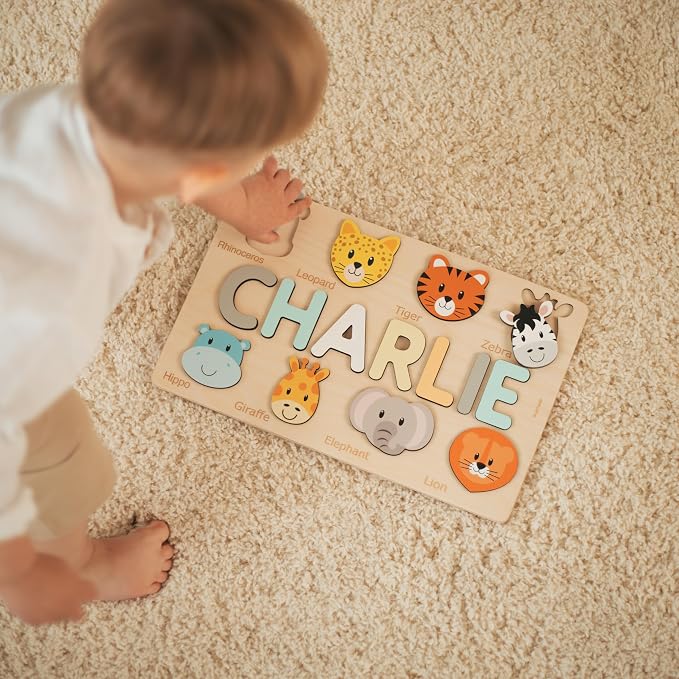 Name Puzzle with Animals, Personalized Gift for Kids, Baby Boy Birthday Gift, First, Woodland Animals, Montessori Wooden Toys