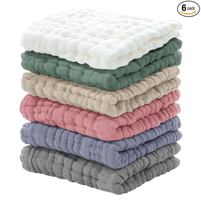 Looxii Muslin Baby Washcloths 6 Pack, 100% Cotton Baby Wash Cloths for Baby Face Body, 12x12 inches Large Soft Absorbent Face Towels for Newborns Multicolor