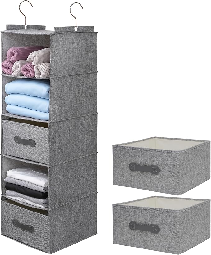 Large Hanging Sweater Organizer for Closet,Collapsible 6-Shelf Hanging Closet Shelves with Drawers, Washable (Grey-5 Shelf-2 d)