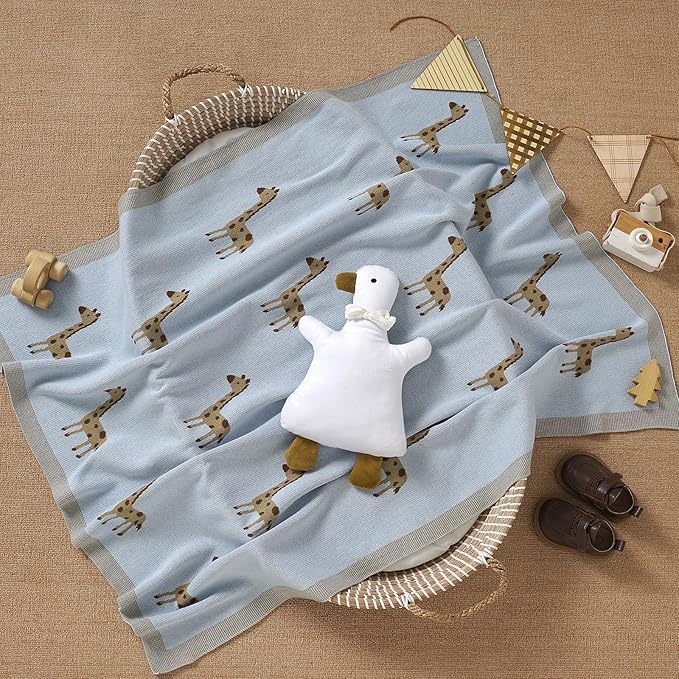 Opewod Soft Cotton Knit Baby Blanket with Cute Deer Print 40x30in Newborn Receiving Blanket Swaddle Cuddle Blanket for Crib, Stroller, or Nursery for Infants & Toddlers Light Blue