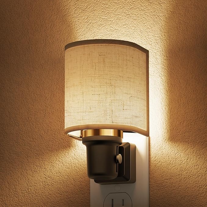 L LOHAS LED Night Lights Plug into Wall, Plug in Night Light Dimmable, Farmhouse Decorative Nightlights Plug in Wall, Light Sensor 0-100LM, Soft Linen Fabric Nightlight Warm for Bedroom Hallway Decor