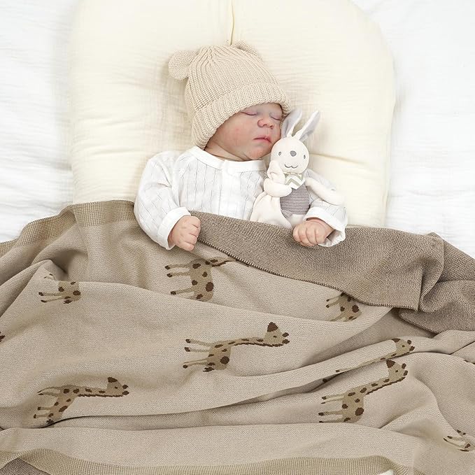 Opewod Soft Cotton Knit Baby Blanket with Cute Deer Print 40x30in Newborn Receiving Blanket Swaddle Cuddle Blanket for Crib, Stroller, or Nursery for Infants & Toddlers Camel