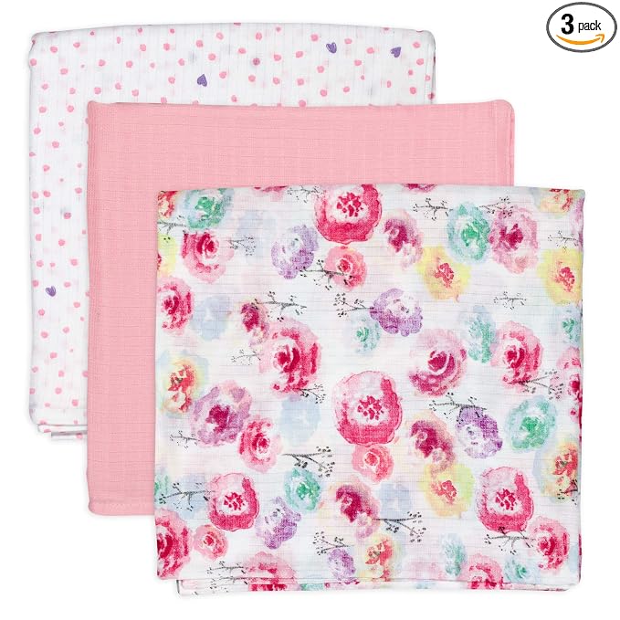 HonestBaby 3-Pack Organic Cotton Swaddle Blankets, Rose Blossom, One Size