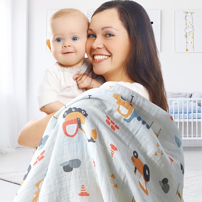 2-Pack Muslin Swaddle Blankets 47x47-100% Cotton Breathable Receiving Blankets for Newborn Baby, Soft Swaddling Wraps, Build & Drive