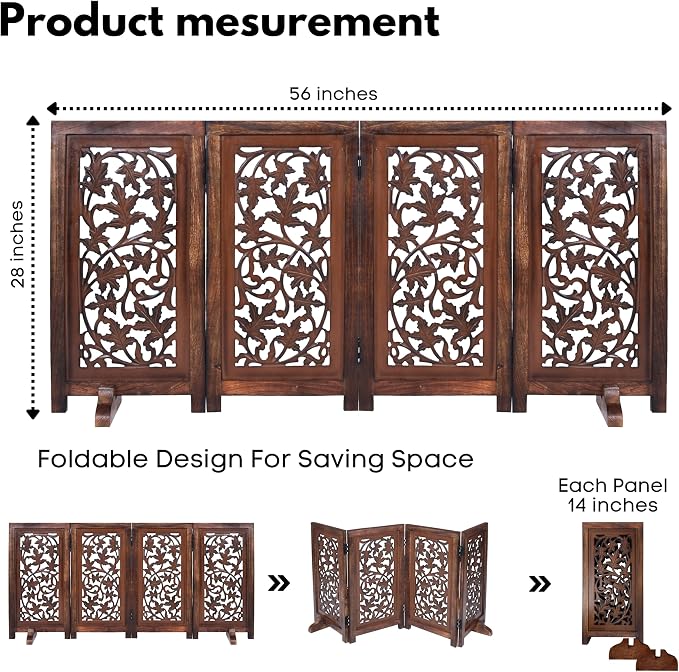 Folding Dog Gate for Indoor Use, 4 Panel Free Standing Wooden Pet Barrier, 56x28 Inch Decorative Lucy Design Dog Fence for Doorway, Stairs, or Hallway, Natural Burnt