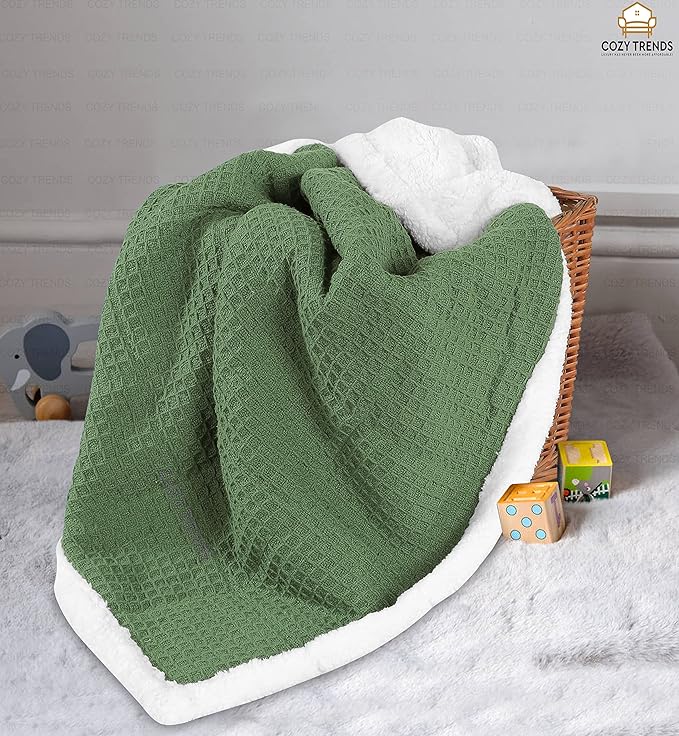 Luxurious Cotton Unisex Baby Boy Girl Blanket Waffle Weave with Sherpa Backing Soft Cozy 30''x40'' Receiving Crib Stroller Nap Blanket (Green)