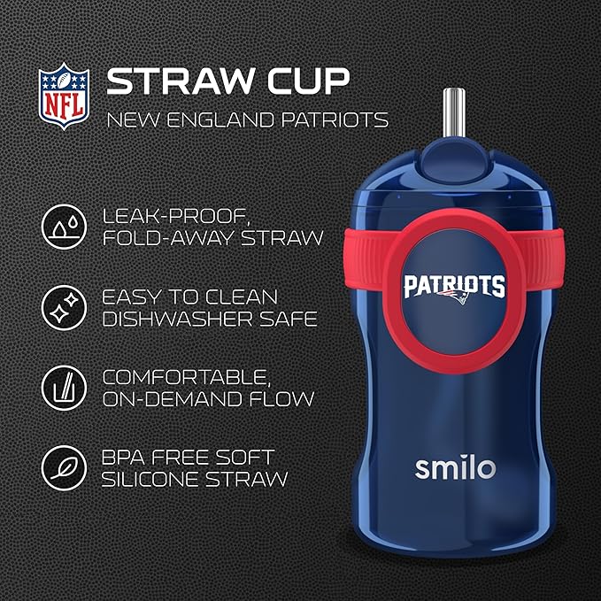 Smilo Straw Cup - New England Patriots Officially Licensed NFL Sippy Cup - Baby and Toddler Cup with Weighted Silicone Straw and 8.5 oz Capacity - BPA-Free