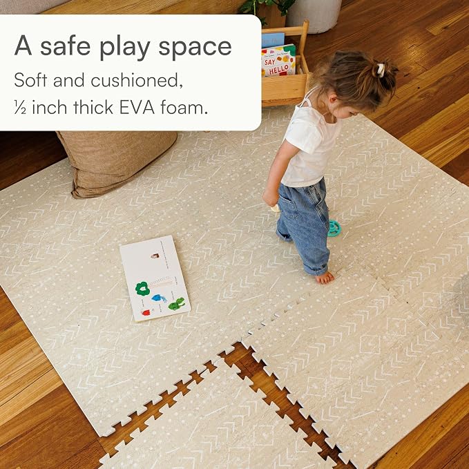 Lillefolk Baby Play Mat for Floor – 6x6ft Beige | Soft Non Toxic Premium EVA Foam Tiles for Tummy Time, Crawling & Playroom – Waterproof for Hard Floors Mat for Babies & Toddlers (9 Tiles)