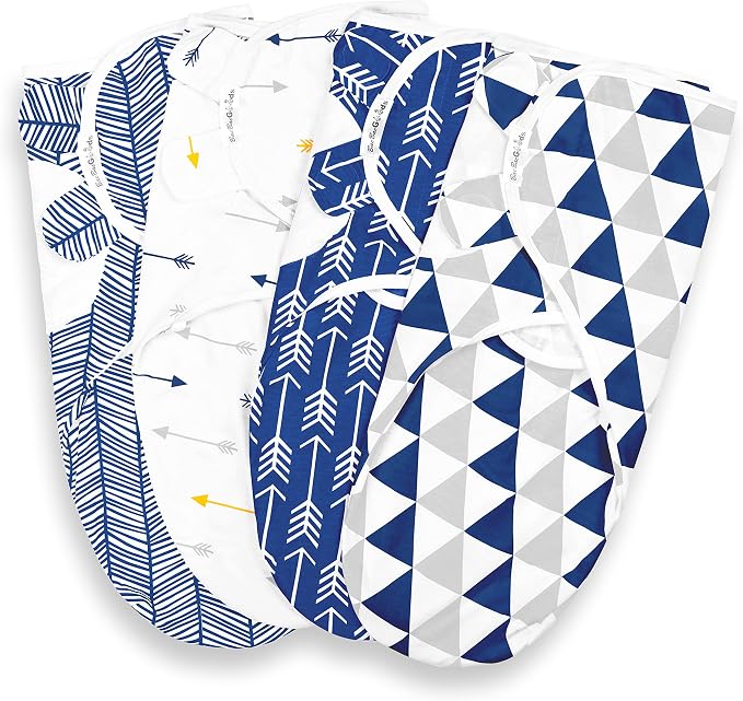 BaeBae Goods Swaddle Blanket, Adjustable Infant Baby Swaddling Wrap Set of 4, Baby Swaddling Wrap Blankets for Boys and Girls Made in Soft Cotton (Navy/Grey Triangles, 0-3 Months)