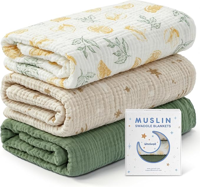 Unnivoll Muslin Swaddle Blankets for Newborns, 100% Cotton Receiving Blankets, Large 38 x 40 inches Baby Swaddle Blanket for Baby Boys and Girls, Soft Breathable Infant Baby Essentials 3 Pack Green