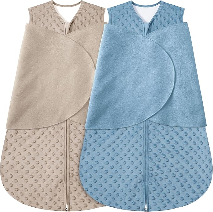 BSTOPPT Fleece Newborn Sleep Sack Baby Swaddle,3-Way Adjustable Wearable Blanket,2 Pack Fleece Swaddling sleeping bag TOG 2.0， (Brown & Dark Green, 0-3 Months)