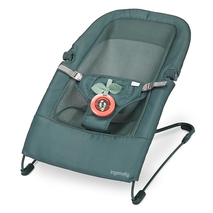 Ingenuity Stow & Go Compact Folding Baby Bouncer, Lightweight Portable Seat with Vibration, Green, Under 5 lbs