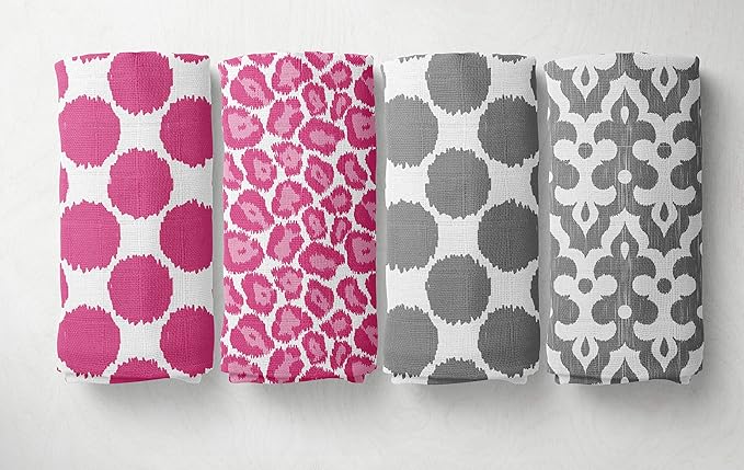 Bacati - 4 Pack Ikat Baby Swaddle Blanket Girls Swaddle Wrap Soft Breathable Cotton Muslin Swaddle Blankets Receiving Blanket for Girls, Large 45 x 45 inches (Dots/Leopard Pink/Grey)