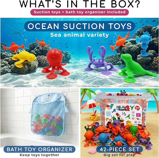 ODELA Genius Sucker Toys 42PCs Sea Animals Edition ??Fun Colorful Toddler Bath Toy Animal Toys for Toddlers 1-3 ??Safe and Durable Materials ??Educational and Cute Designs ??Ideal for Bath Time, Pool