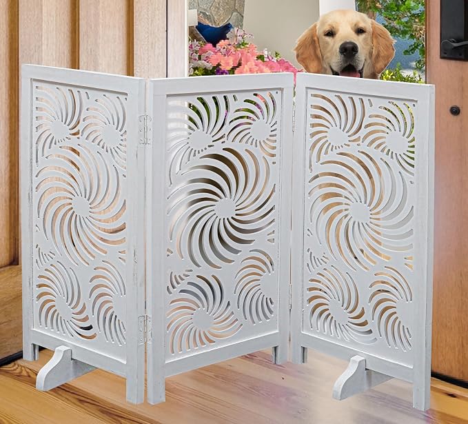 Freestanding Pet Gate for Dogs, Foldable Wooden Dog Gate for House, Indoor Dog Gate for Stair, Doorway,Sun Flower Design Gates for Dogs Indoor, 48 Inch Wide, (16" x3 Panels =48 inch),White Antique