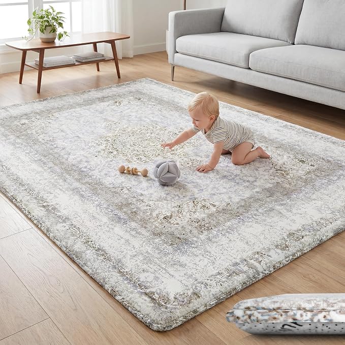 Huloo Sleep Baby Play Mat for Floor - 79x59 Inches 1.3" Thick Elasti-Foam Playpen Mat for Toddlers Infant Kids, Water-Repellent Nursery Rug, Non-Slip Backing for Crawling & Tummy Time, Brown Rustic