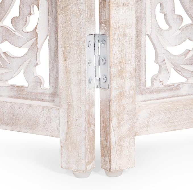 Lightnpro Foldable Carved Wooden Dog Gate with Stopper - Freestanding Indoor Pet Barrier for Home, Adjustable Dog Fence for Stairs, Doorways & Hallways - 24x18 Inch (4 Panels) White Wash
