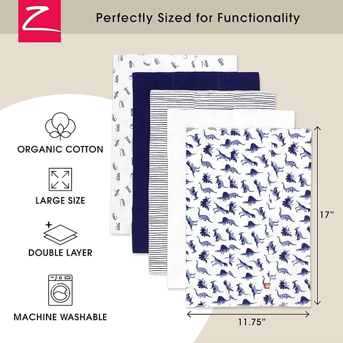 Zutano 5-Pack Organic Burp Cloths for Baby Girl & Boy, Large Cotton Burping Cloths for Babies | Absorbent Baby Spit-Up Rags | Gender Neutral Burp Clothes | Newborn Essentials, Dino Party
