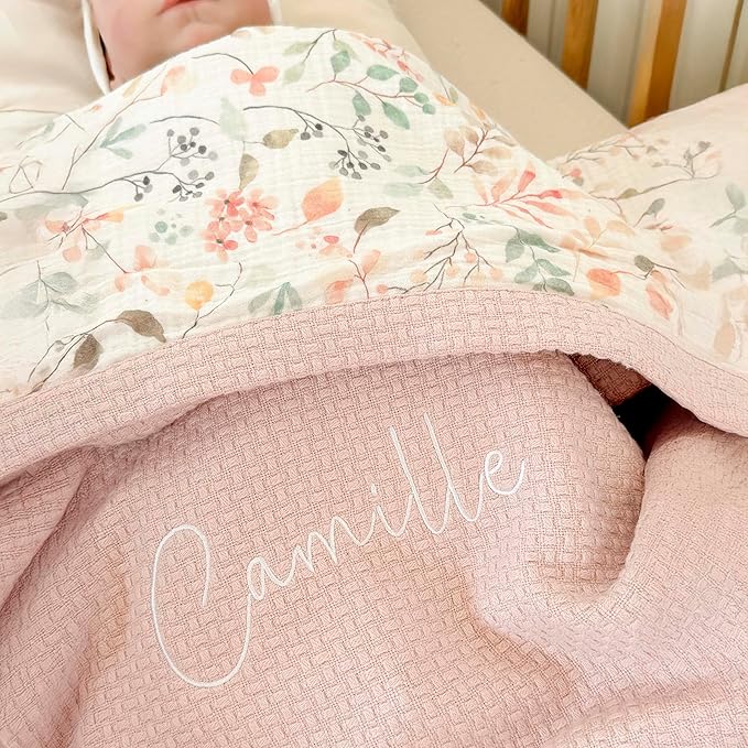Mouliss Personalized Baby Blanket with Name ??Handmade 100% Organic Cotton Newborn Gift | Custom Knit Blanket for Boys, Girls, Kids & Baby Showers (Petal Pink/Petal Whispers)