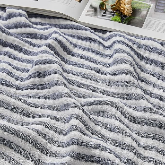 EMME Cotton Muslin King Blanket Bed Layering Bedspread Coverlet Breathable Gauze Soft Lightweight (Striped Navy, 108"x90")
