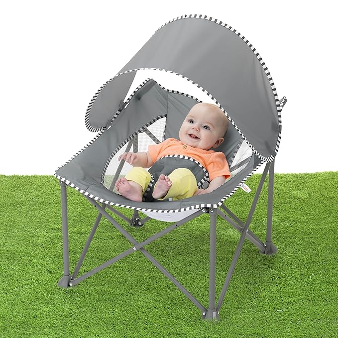Bright Starts Pop 'N Chill Portable Infant Beach Chair, Travel Seat with UPF 50+ Canopy, Indoor/Outdoor Baby Seat, Grey, 0?? Months
